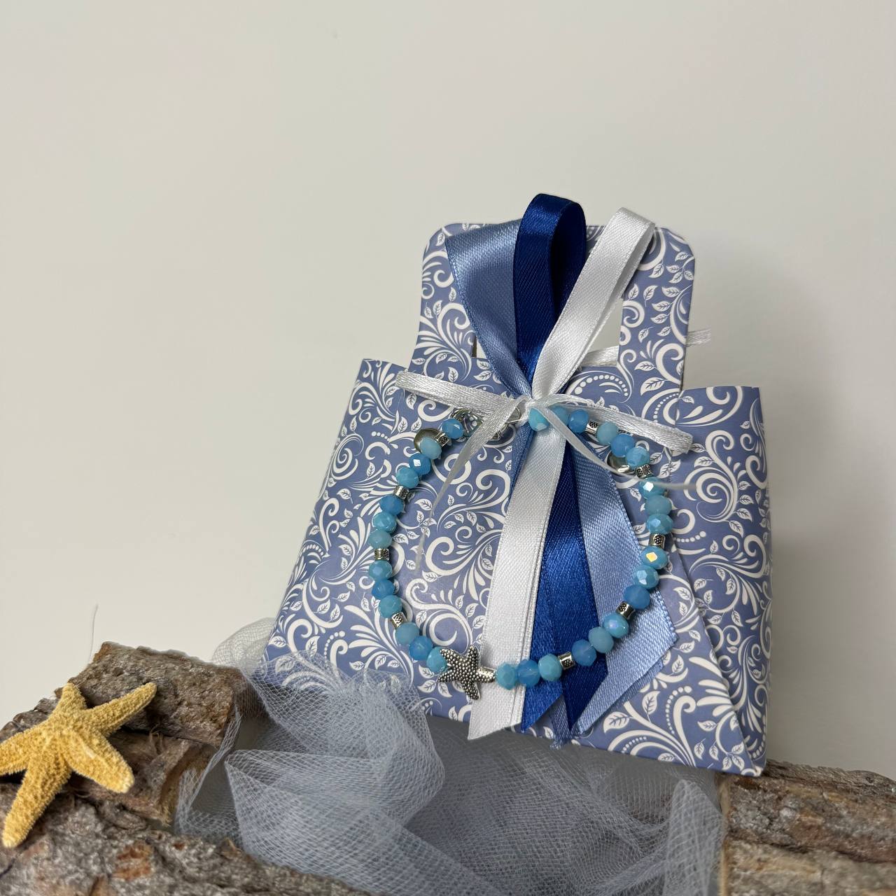 Bomboniera Borsetta con Trama Mare e Bracciale in Cristalli Azzurri