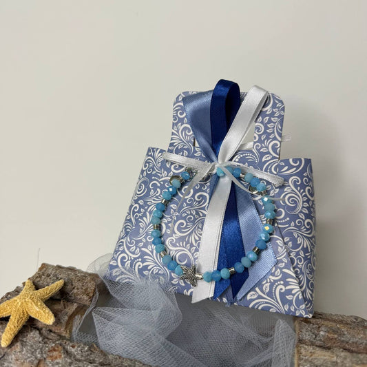 Bomboniera Borsetta con Trama Mare e Bracciale in Cristalli Azzurri