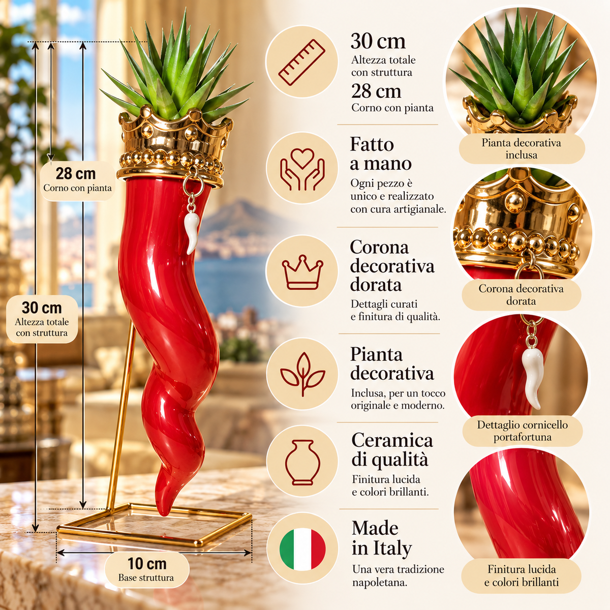 corno portafortuna rosso con pianta e corona dorata, 30 cm