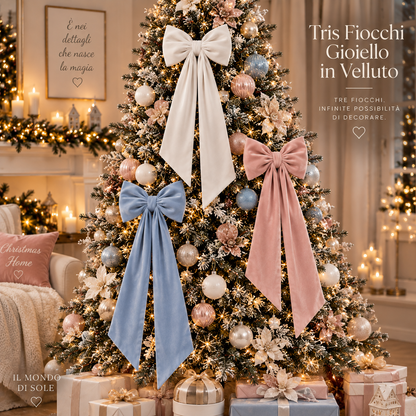 Tris di Fiocchi Gioiello in Velluto per Albero di Natale