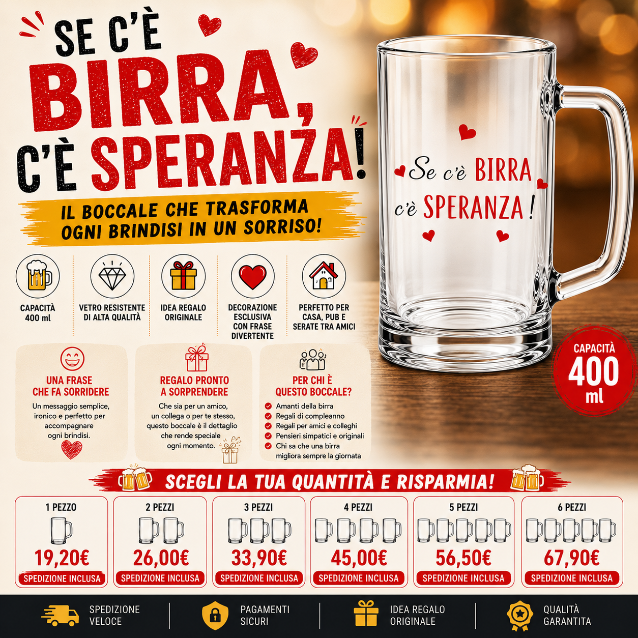 Boccale da Birra Personalizzato varie frasi divertenti – 0,4L con Manico