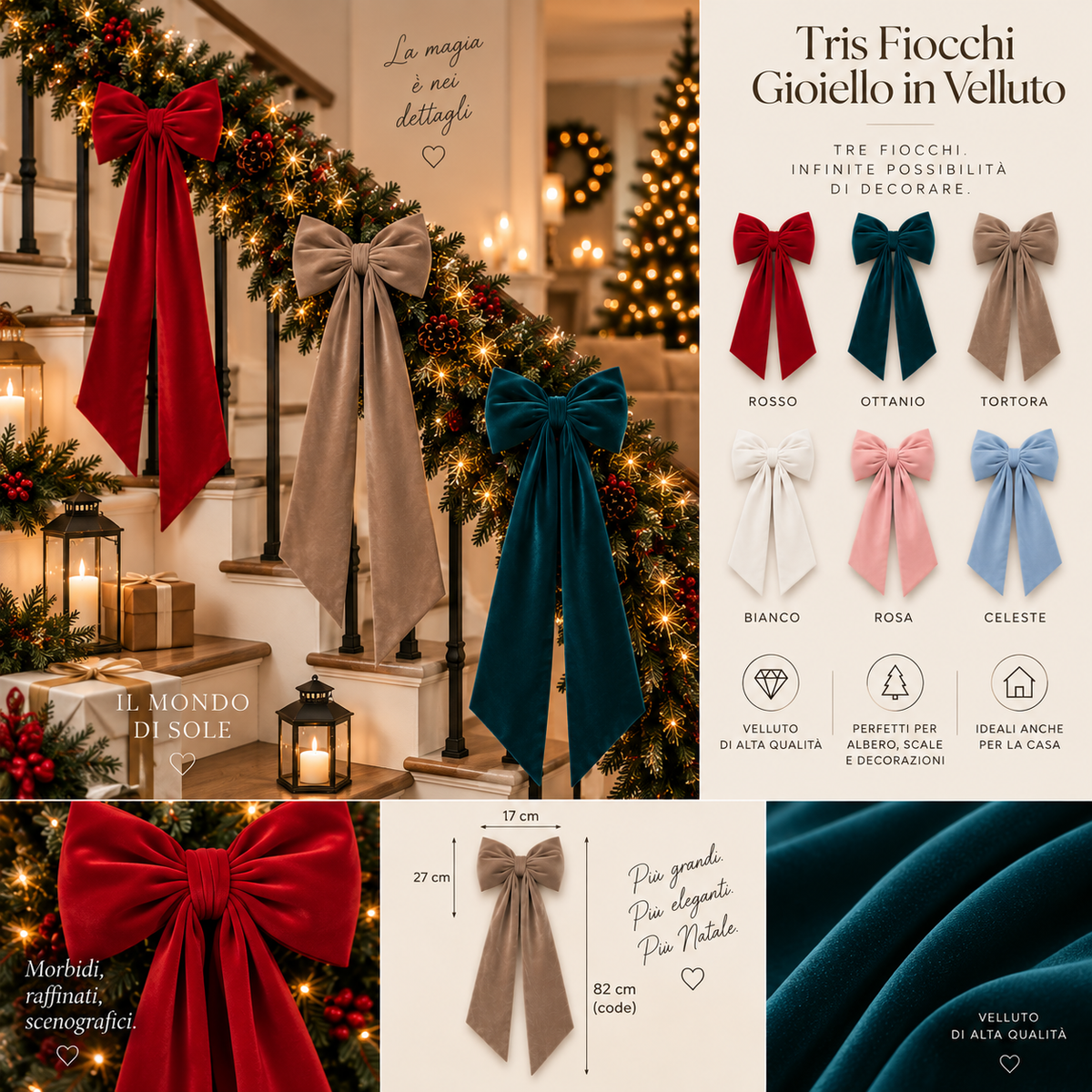 Tris di Fiocchi Gioiello in Velluto per Albero di Natale