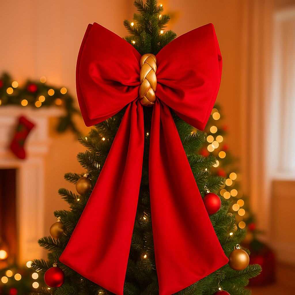 Doppio Fiocco Puntale Natalizio in Velluto Rosso con Intreccio Dorato - lunghezza 75cm larghezza 40cm