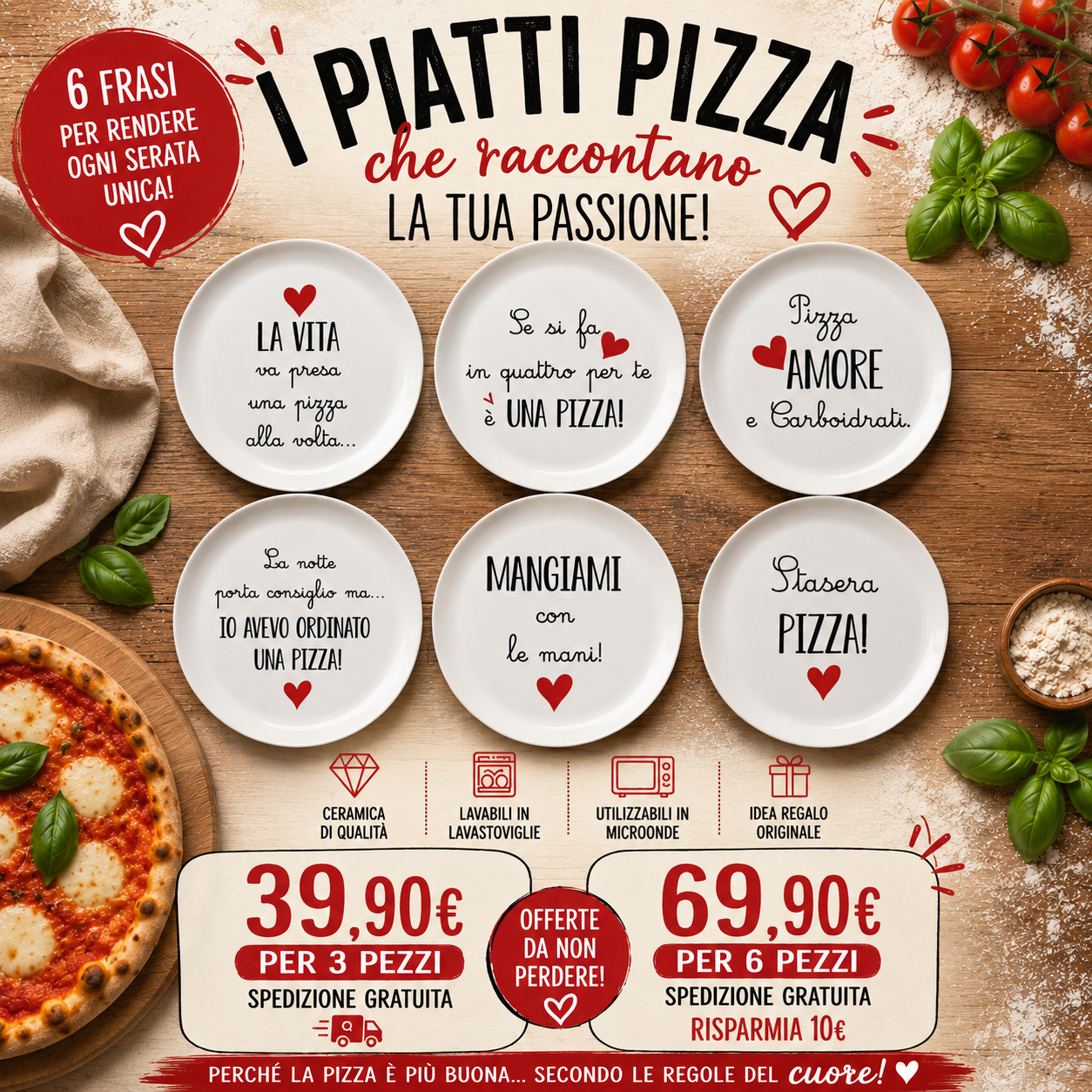 🍕 Set Piatti Pizza con Frasi Divertenti – Idea Regalo Originale per Amanti della Pizza