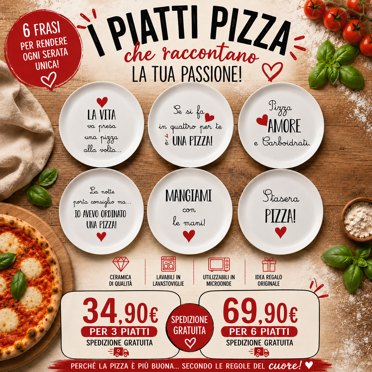 🍕 Set Piatti Pizza con Frasi Divertenti – Idea Regalo Originale per Amanti della Pizza