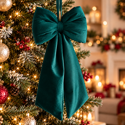 “Tre fiocchi natalizi in velluto rosso, bordeaux e bianco con code lunghe, appesi a un albero di Natale.”
