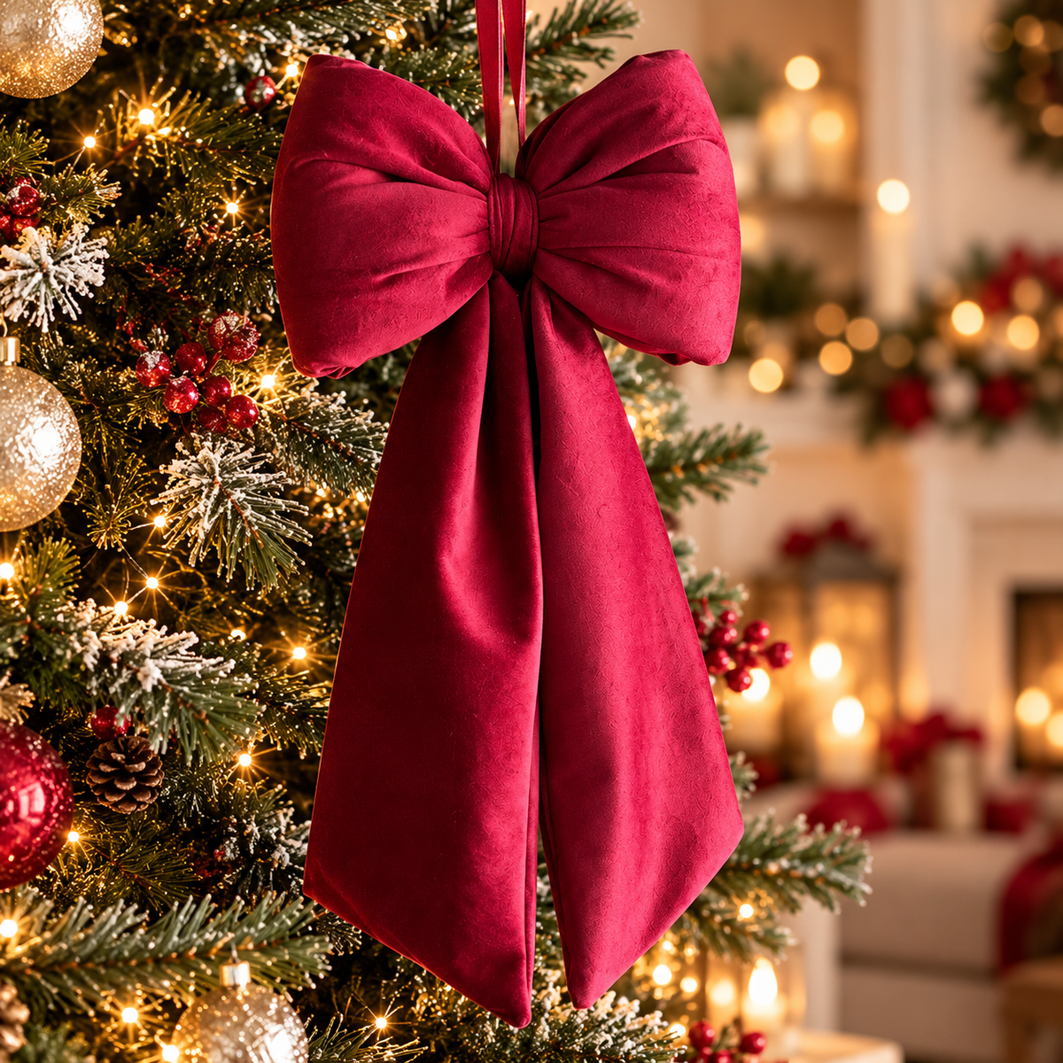 “Tre fiocchi natalizi in velluto rosso, bordeaux e bianco con code lunghe, appesi a un albero di Natale.”