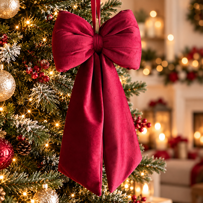 “Tre fiocchi natalizi in velluto rosso, bordeaux e bianco con code lunghe, appesi a un albero di Natale.”