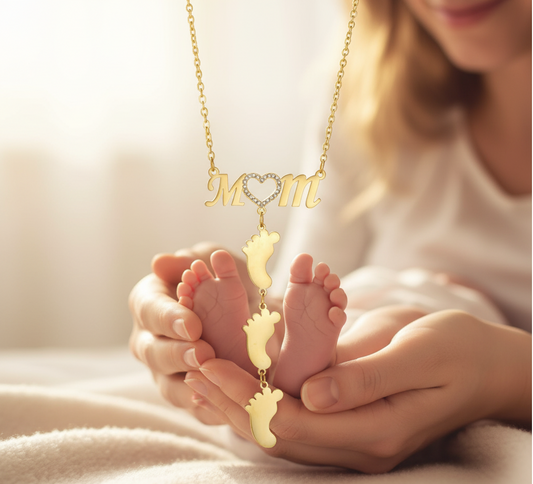 Collana Gold Cuore di Mamma Strass con Nome e Impronte Bambino
