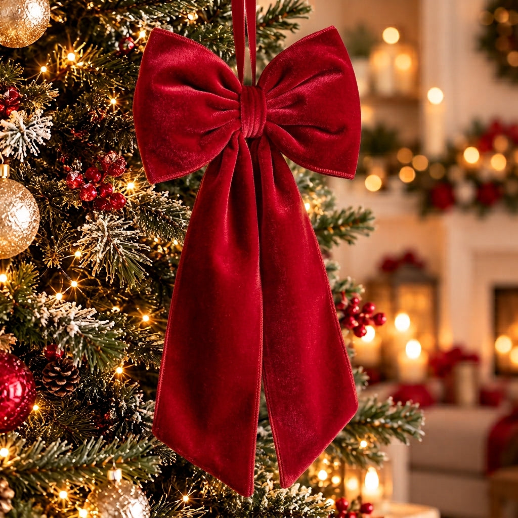 “Tre fiocchi natalizi in velluto rosso,  con code lunghe, appesi a un albero di Natale.”