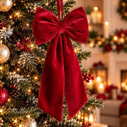 “Tre fiocchi natalizi in velluto rosso,  con code lunghe, appesi a un albero di Natale.”