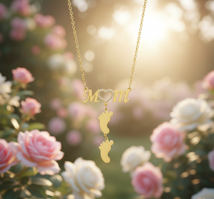 Collana Gold Cuore di Mamma Strass con Nome e Impronte Bambino