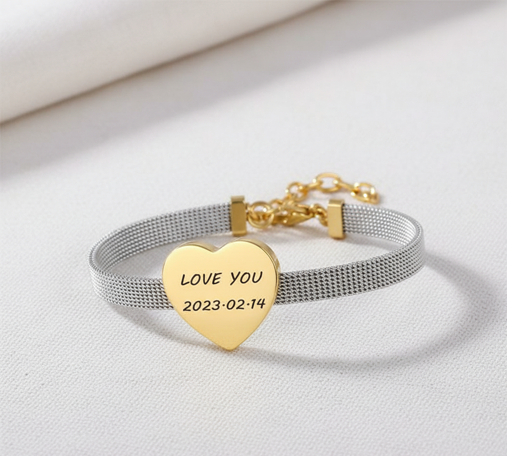 Braccialetto Cuore in Acciaio Inossidabile Oro o Silver Personalizzabile – Charm Cuore con Incisione Personalizzata