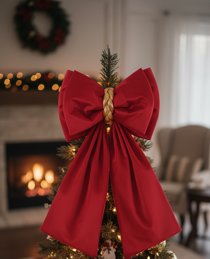Doppio Fiocco Puntale Natalizio in Velluto Rosso con Intreccio Dorato - lunghezza 75cm larghezza 40cm