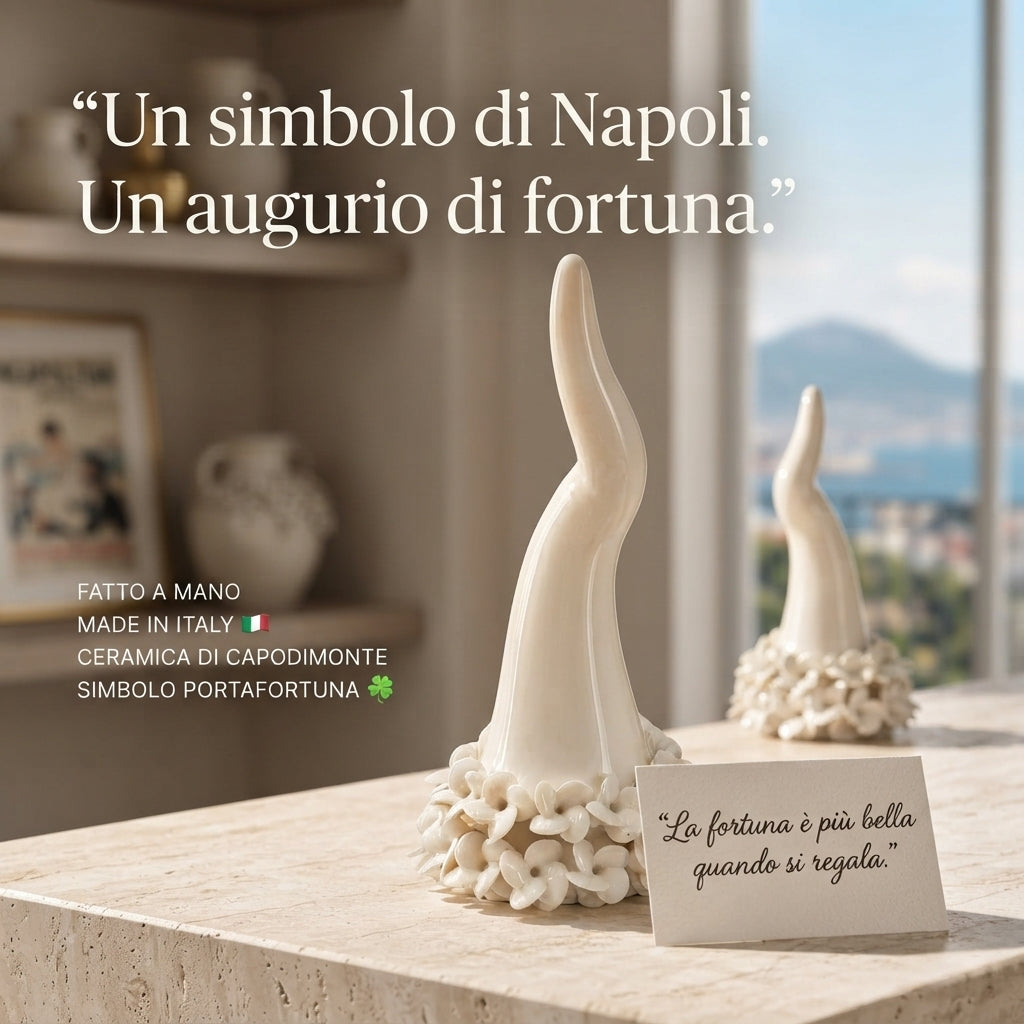 Corno Napoletano Portafortuna in Ceramica di Capodimonte con Fiori – H19 cm