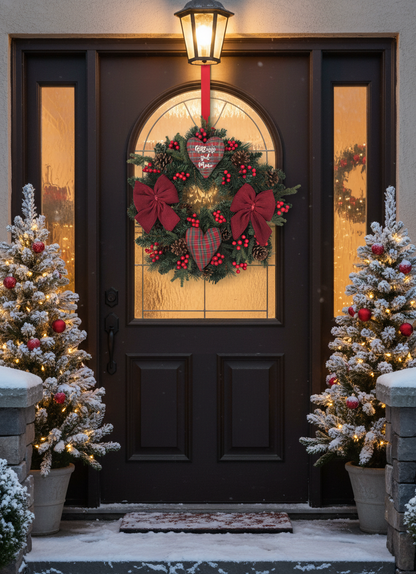 Ghirlanda Natalizia Fuoriporta Decorazioni in Stoffa fatte a mano con Bacche Rosse – Innevata o Verde