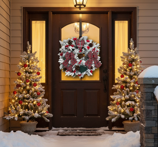 Ghirlanda Natalizia Fuoriporta Decorazioni in Stoffa fatte a mano con Bacche Rosse – Innevata o Verde