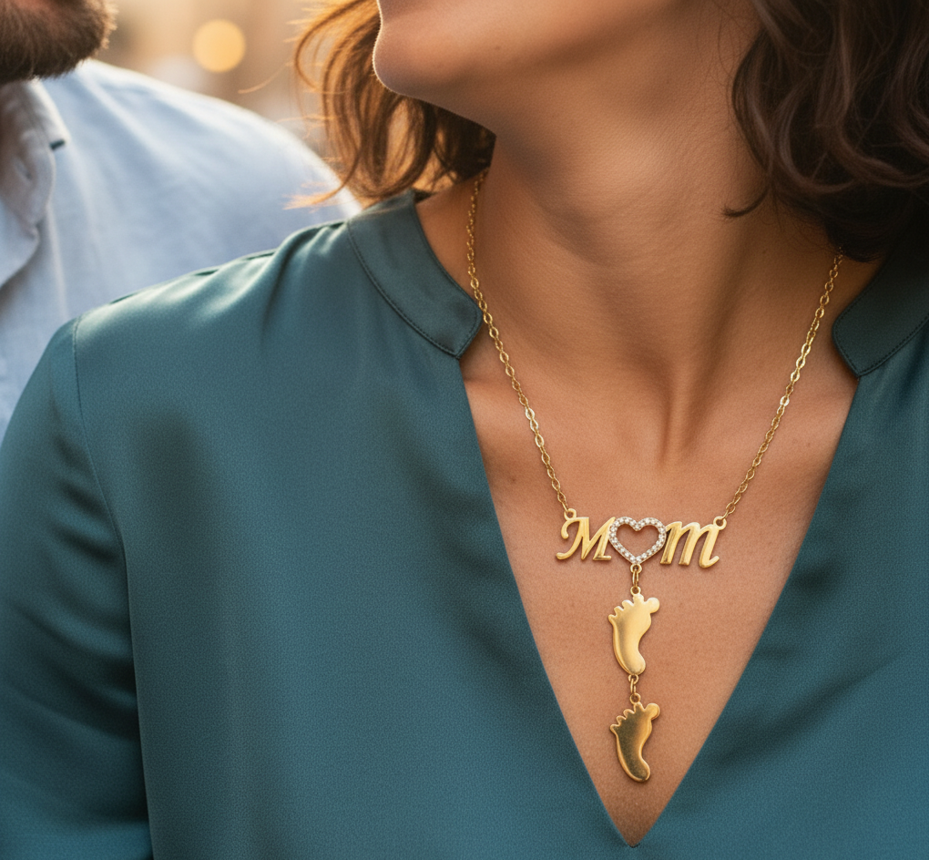 Collana Gold Cuore di Mamma Strass con Nome e Impronte Bambino