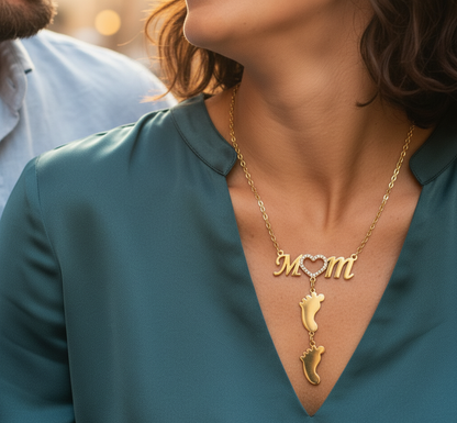 Collana Gold Cuore di Mamma Strass con Nome e Impronte Bambino