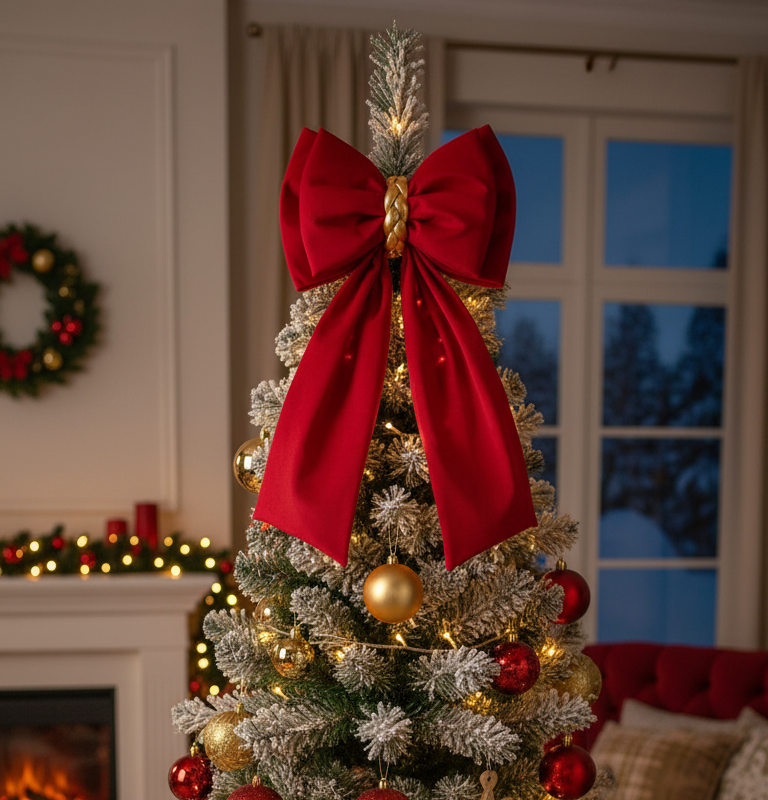 Doppio Fiocco Puntale Natalizio in Velluto Rosso con Intreccio Dorato - lunghezza 75cm larghezza 40cm