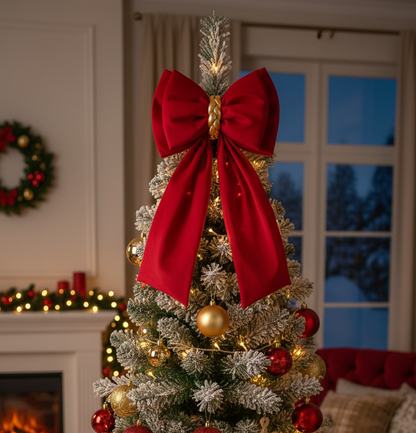 Doppio Fiocco Puntale Natalizio in Velluto Rosso con Intreccio Dorato - lunghezza 75cm larghezza 40cm