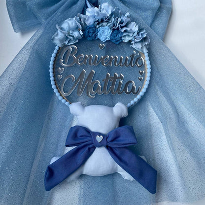 Noeud double en tulle avec écriture ours en plexi et noeud 