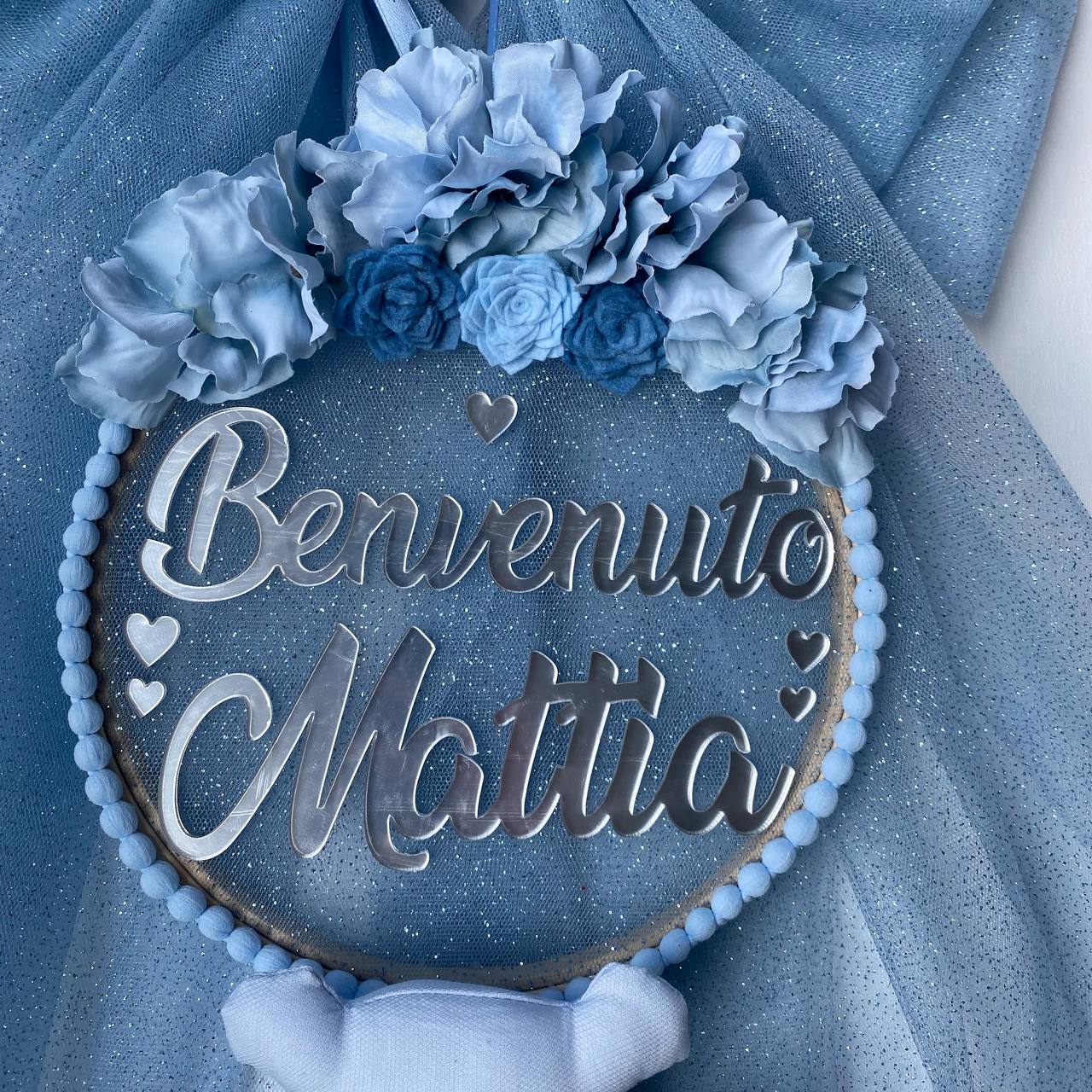 Noeud double en tulle avec écriture ours en plexi et noeud 