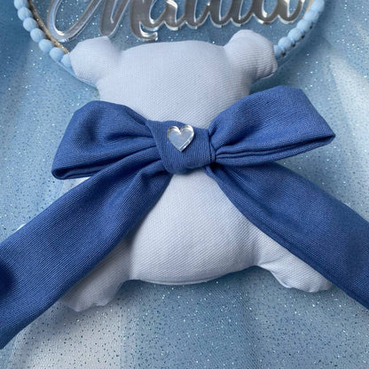 Noeud double en tulle avec écriture ours en plexi et noeud 