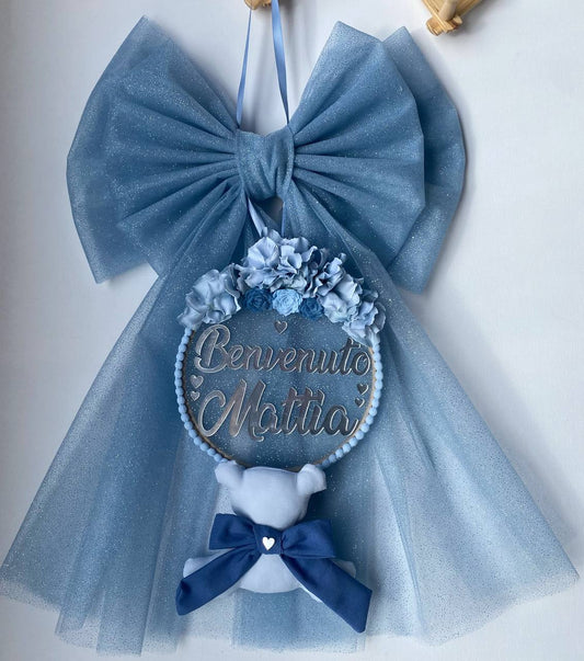Fiocco Doppio Tulle con scritta in plex orsetto e fiocchetto