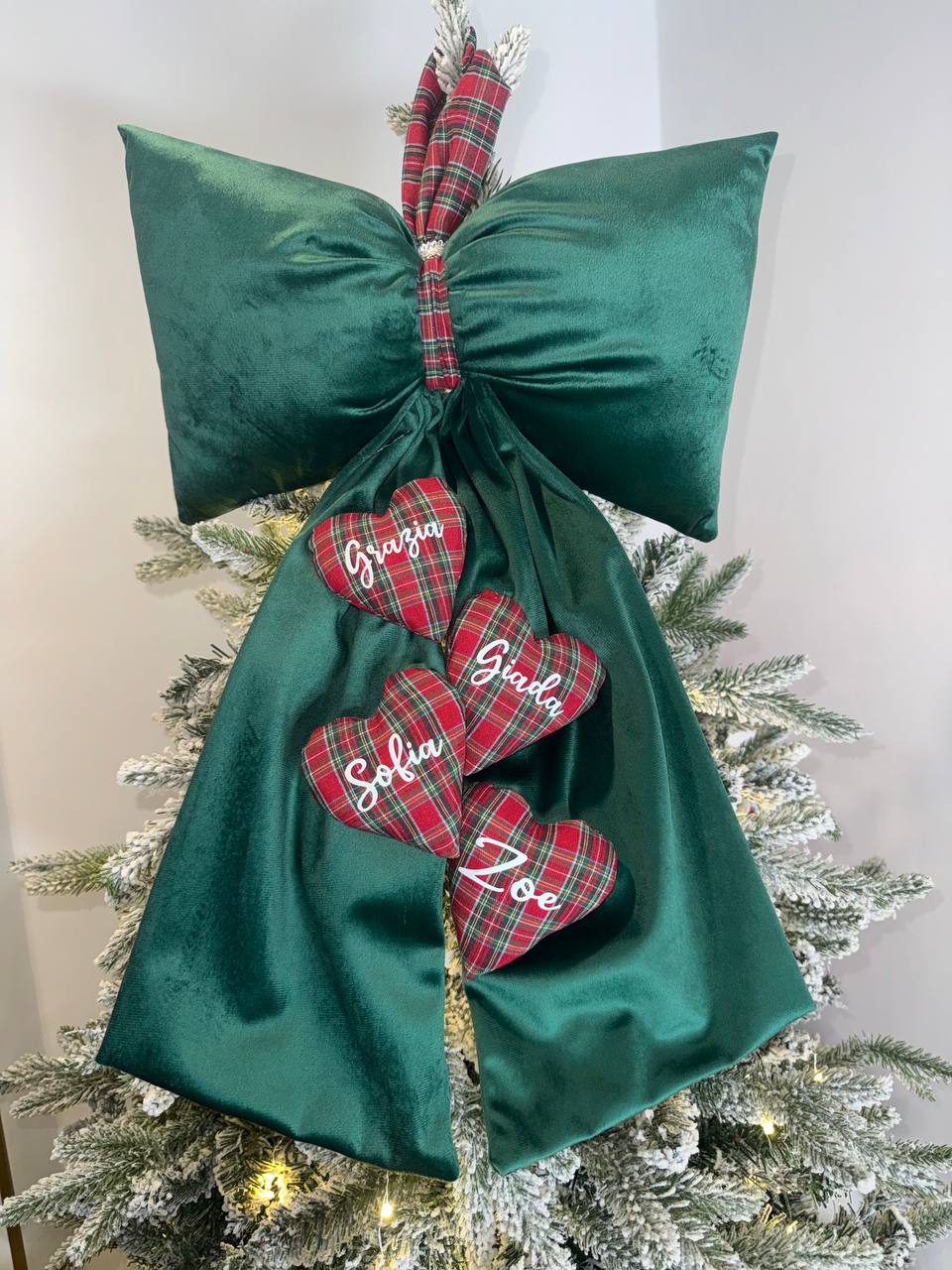 Fioccone velluto puntale albero di natale più cuori personalizzati