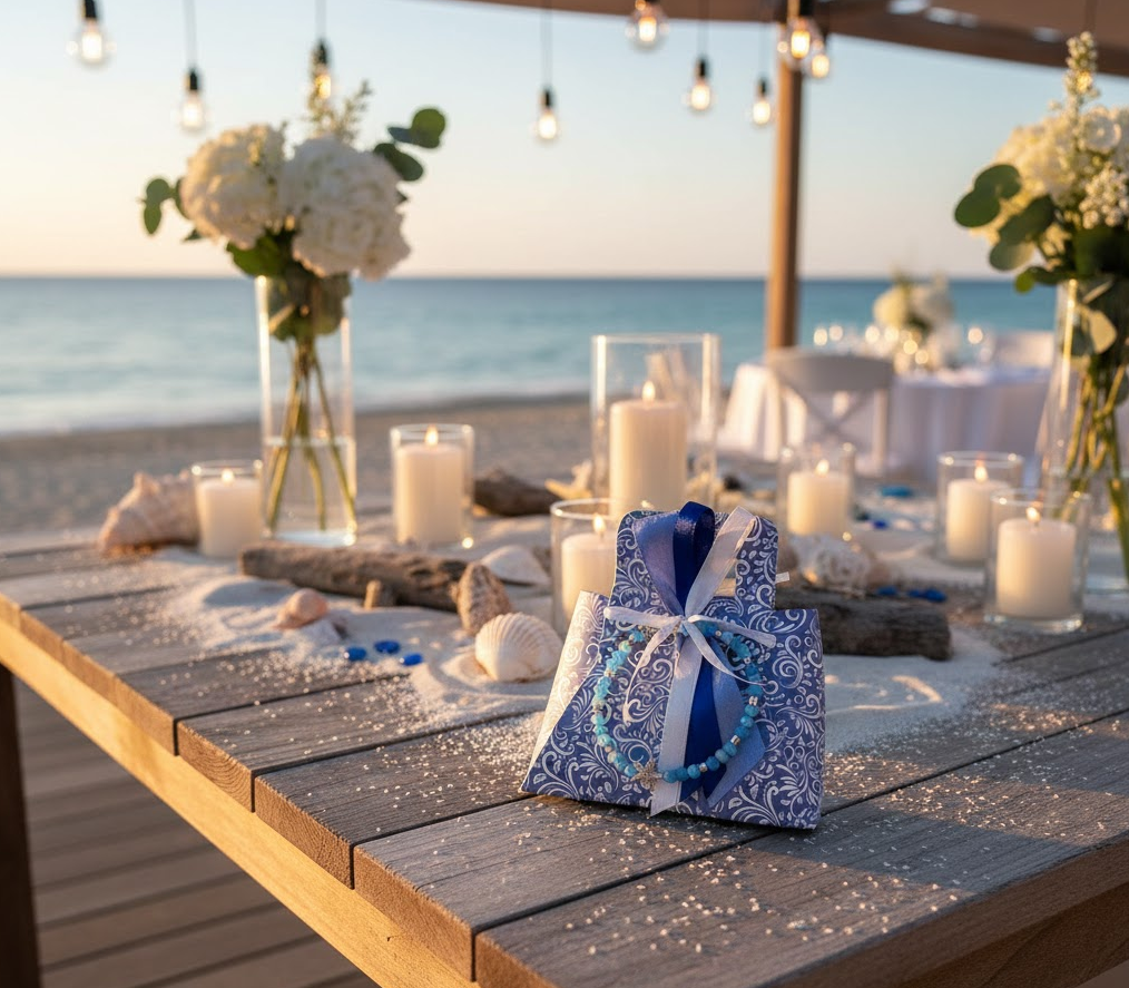 Bomboniera Borsetta con Trama Mare e Bracciale in Cristalli Azzurri