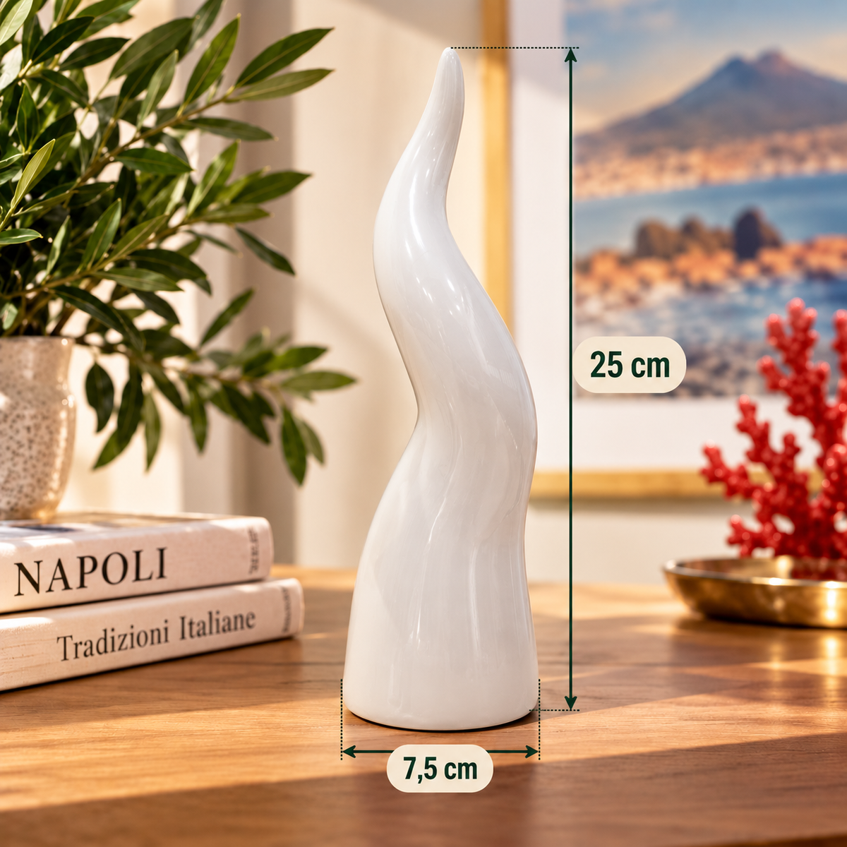 Corno napoletano portafortuna in ceramica bianco H25 cm