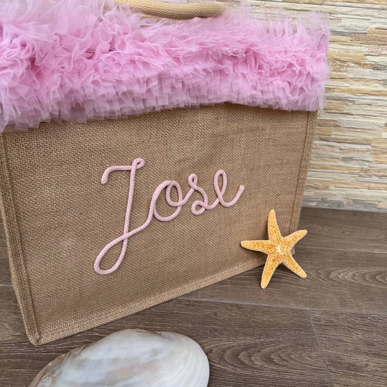 Sacs de mer en jute personnalisés avec passementerie et GRANDE écriture 