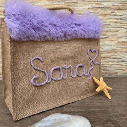 Sacs de mer en jute personnalisés avec passementerie et GRANDE écriture 