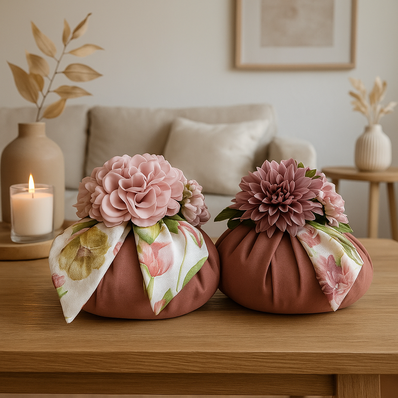 Pouf Decorativo in stoffa e satin con fiori