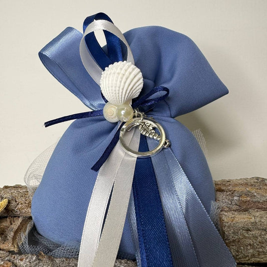 Sacchetto Artigianale "Marea" – Blu Polvere con Cavalluccio Marino e Perle