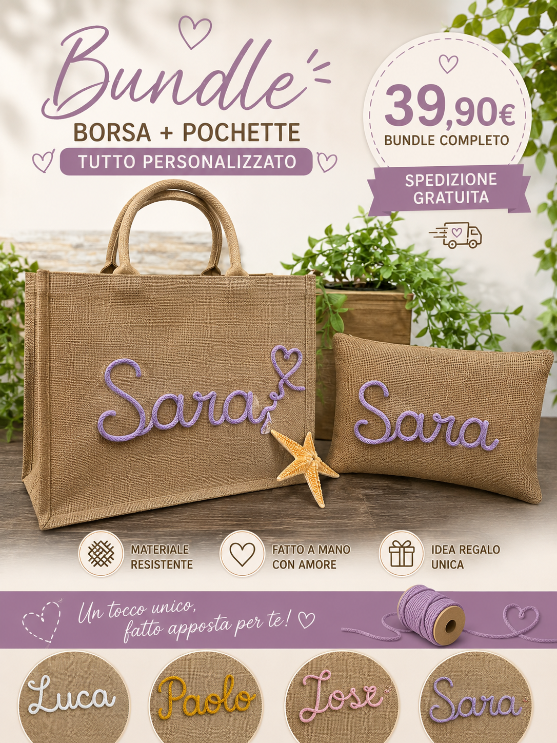 Sacs de mer en jute personnalisés avec passementerie et GRANDE écriture 