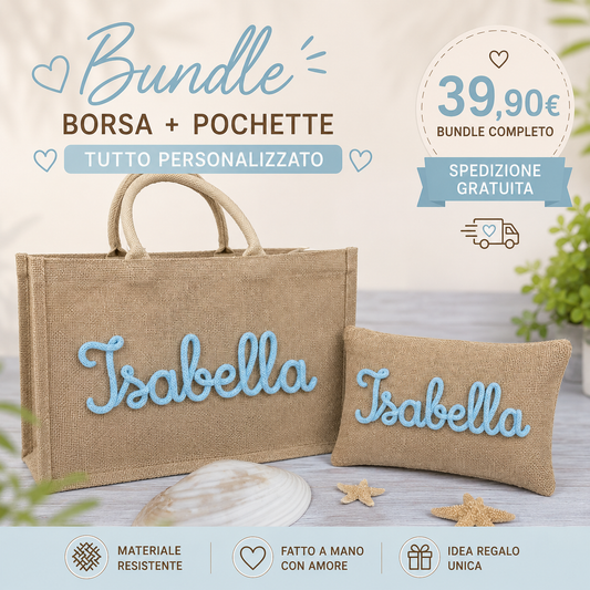 Borse Juta Mare Personalizzate con  scritta in Tricotin GRANDE 42x32x18 + Pochette personalizzata