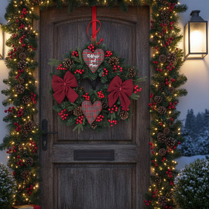 Ghirlanda Natalizia Fuoriporta Decorazioni in Stoffa fatte a mano con Bacche Rosse – Innevata o Verde