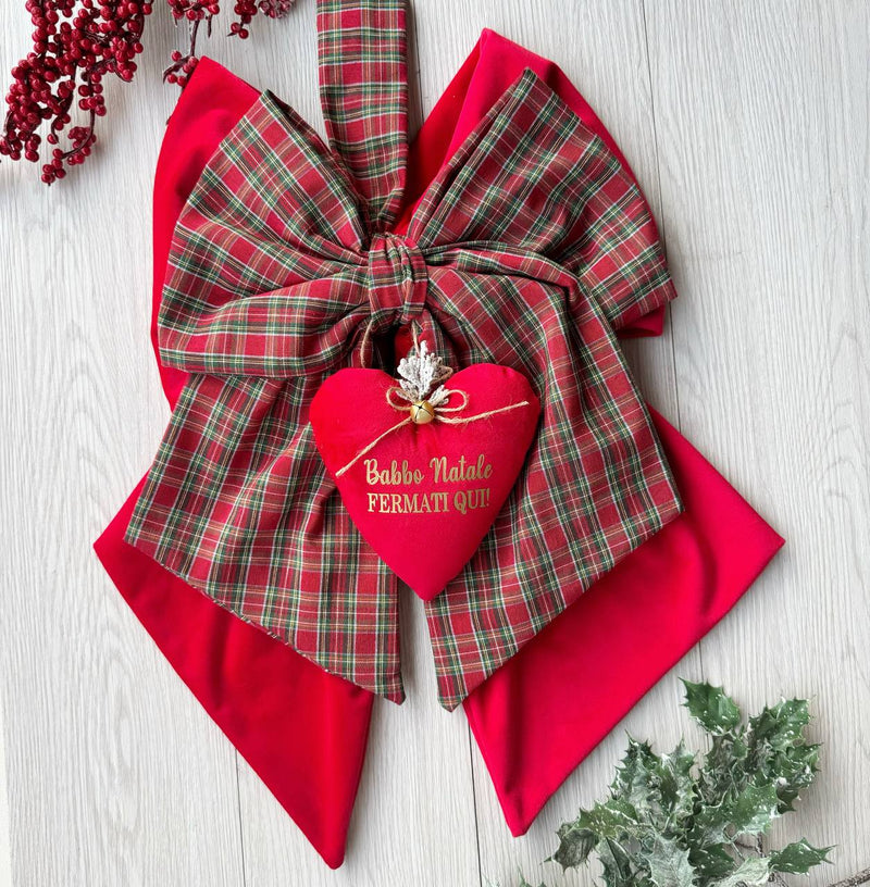 Doppio Fioccone velluto e tartan puntale albero di natale più cuore personalizzato