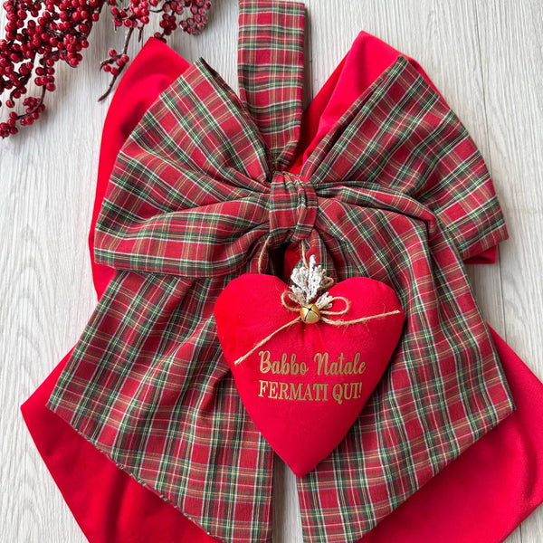 Doppio Fioccone velluto e tartan puntale albero di natale più cuore personalizzato