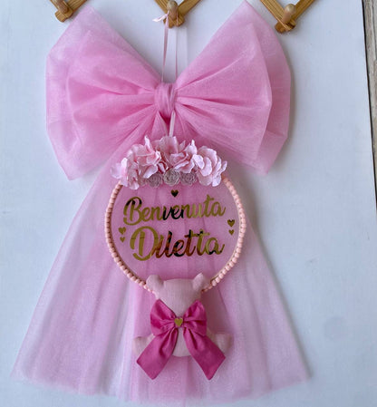Noeud double en tulle avec écriture ours en plexi et noeud 