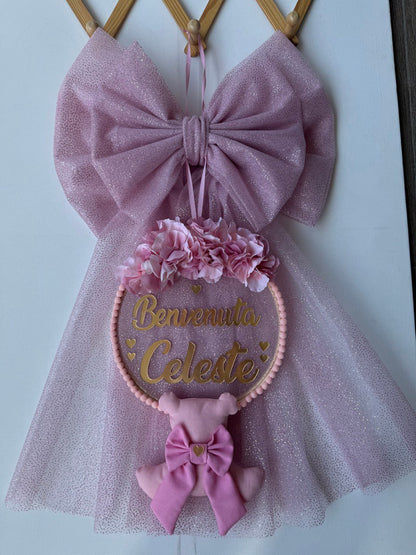 Noeud double en tulle avec écriture ours en plexi et noeud 